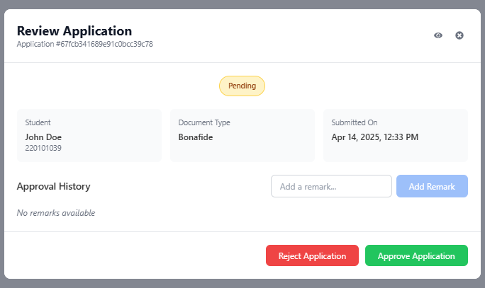 Admin - Review Application Screen