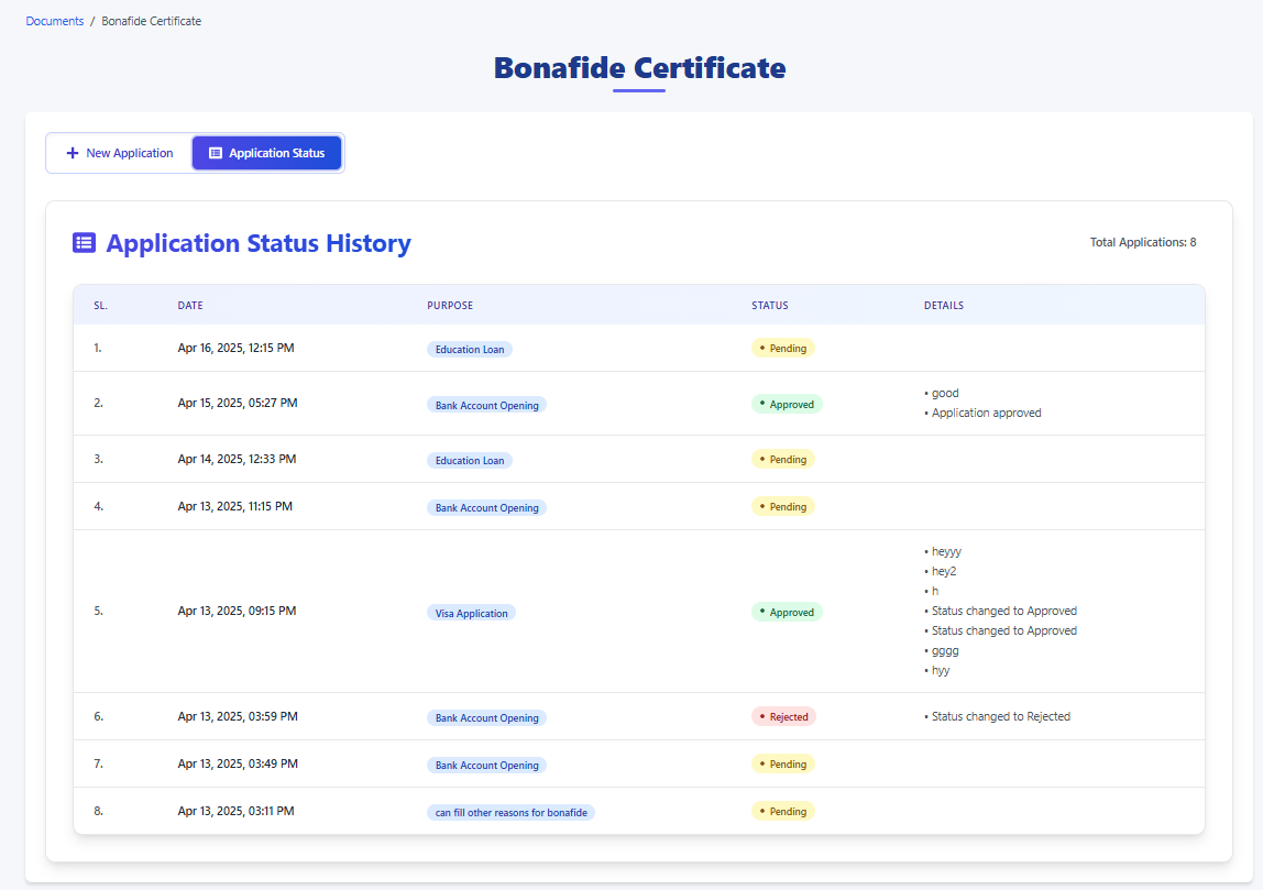 Bonafide Certificate - Application Status History