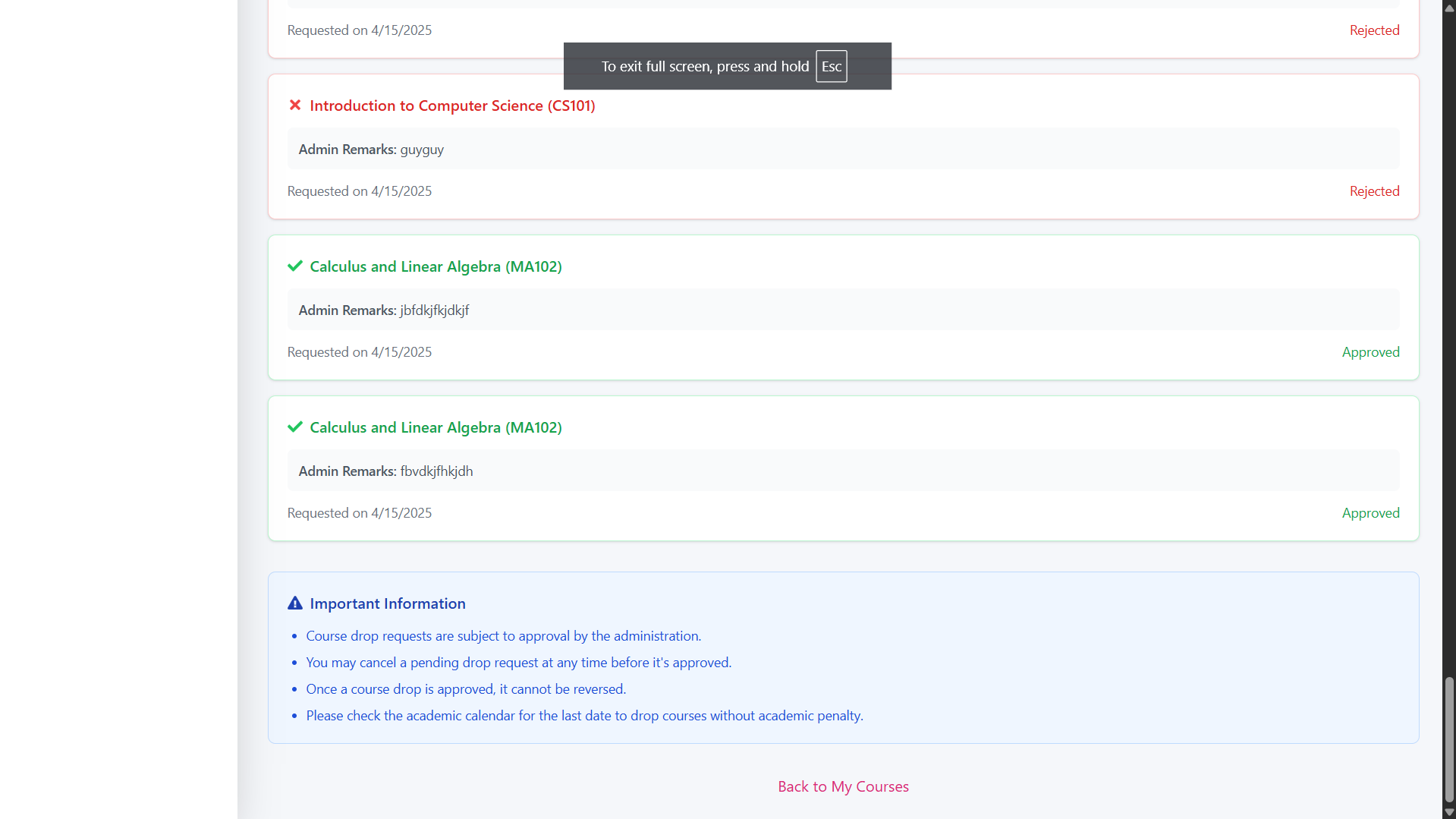 Drop Request History