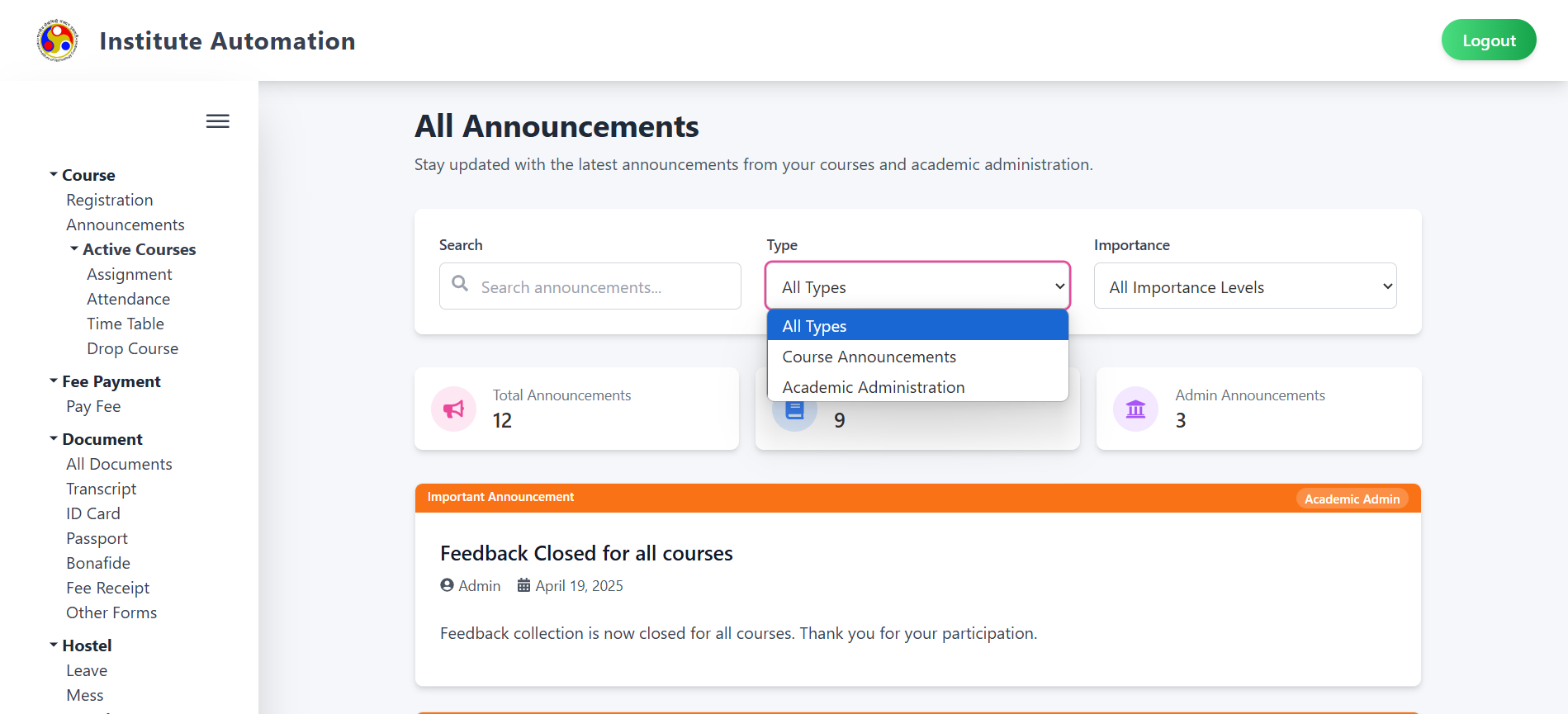 Announcements Page