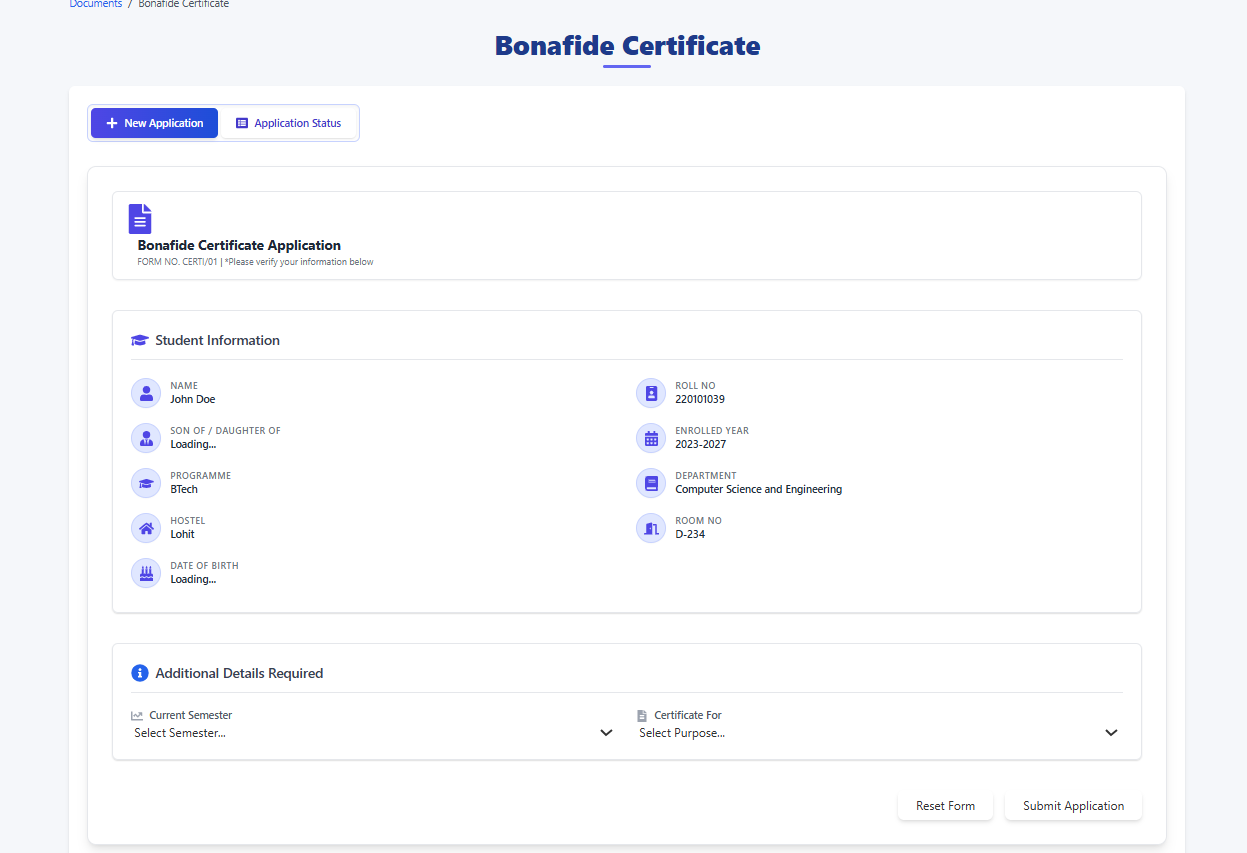 Bonafide Certificate Application Page