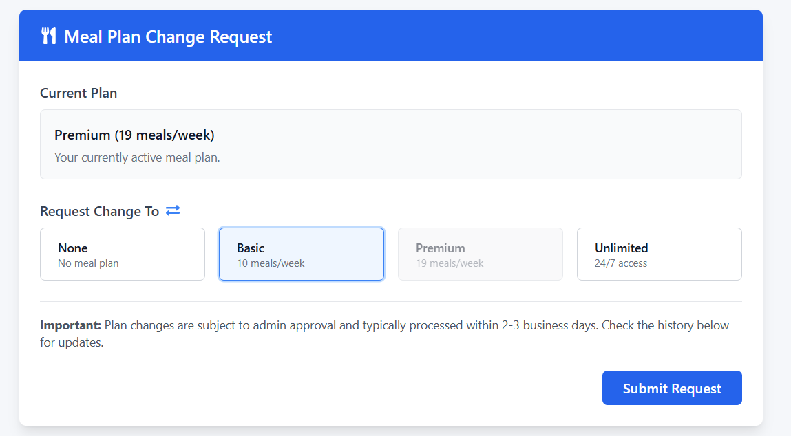 Current Plan, New Plan, Submit Request